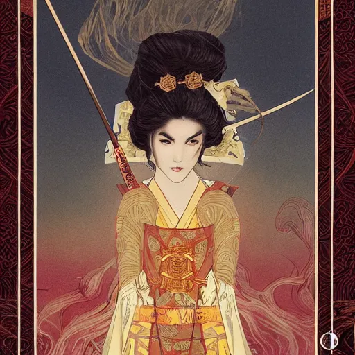 Prompt: a tarot card of a female samurai, flaming katana, ominous nighttime storm, fantasy, d & d, intricate, elegant, highly detailed, digital painting, artstation, concept art, matte, sharp focus, illustration, art by john collier and albert aublet and krenz cushart and artem demura and alphonse mucha