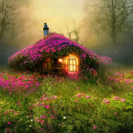Image similar to fantasy little strawberry-like cottage among magical floral meadow partially covered with fog, photo realistic image, super detailed, 4K,cinematic look, H 1024