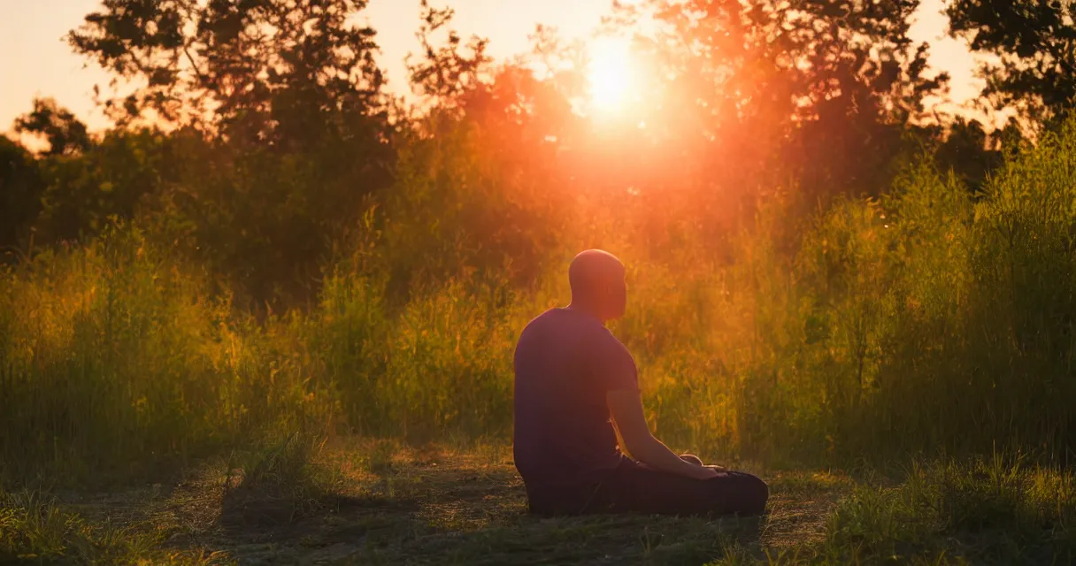 Image similar to wide range backlit photo of a man meditating, at a beautiful sunset, highly detailed, colorful,