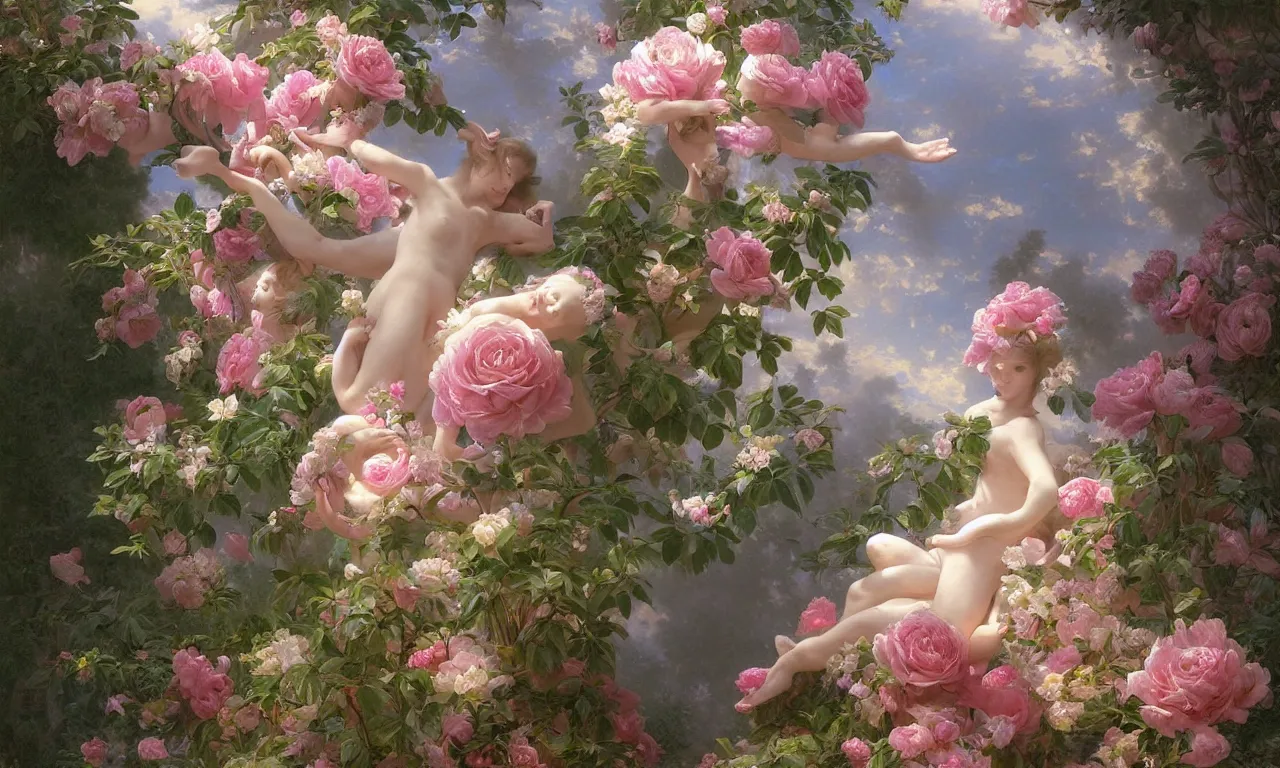 Image similar to a luminous springtime fairytale of beautiful realistic iridescent dragon in a romantic baroque rose garden. Neon light, masterpiece 4k digital illustration by Artgerm and William-Adolphe Bouguereau, award winning, Artstation, Gustave Dore' background, intricate details, realistic, panoramic view, volumetric lighting, Hyperdetailed, 8k resolution, intricate art nouveau, golden hour, rendered in Unreal Engine 3