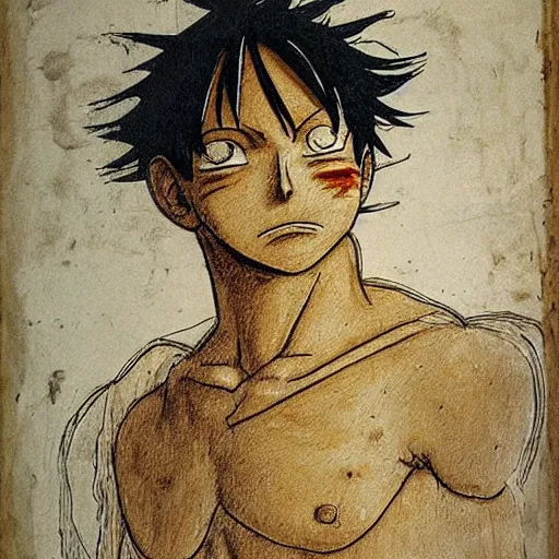 Image similar to luffy, by leonardo da vinci's, highly detailed