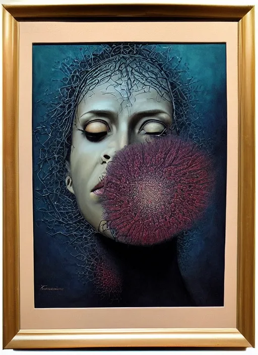 Image similar to dramatic portrait painting of woman with black mandelbrot fractal instead of face, in style of zdzisław beksinski,