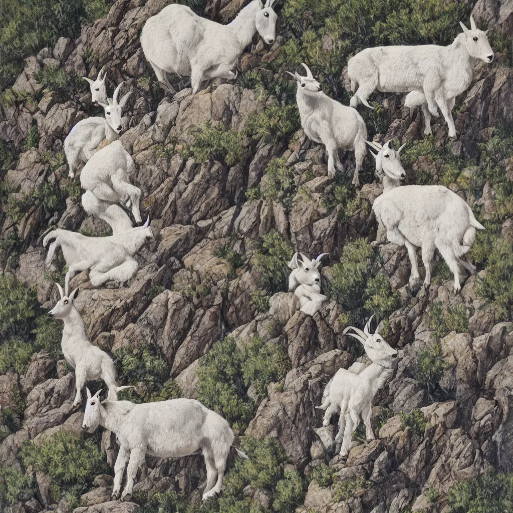 Prompt: mountain goats on a sheer cliffside, expressive, hyperrealism, photorealistic, lithography, fabric pattern