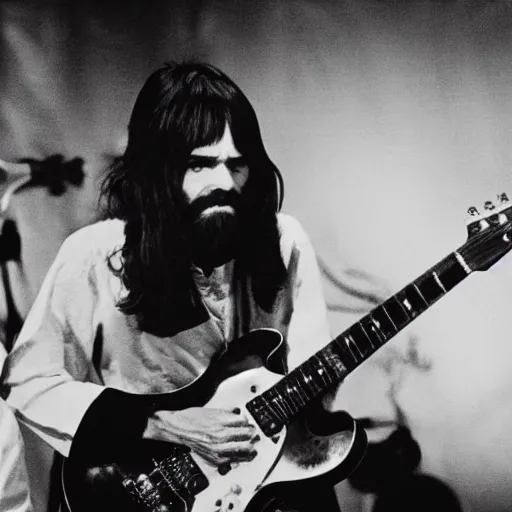 Image similar to charles manson playing guitar on stage with the beatles, black and white, high quality photography, realistic, detailed, uncropped, realistic face,