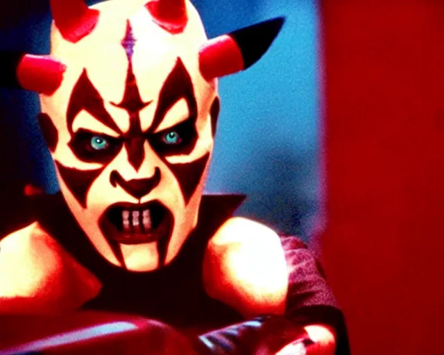 Prompt: Film still of Pikachu as Darth Maul from the movie Star Wars the phantom menace. Photographic, photography