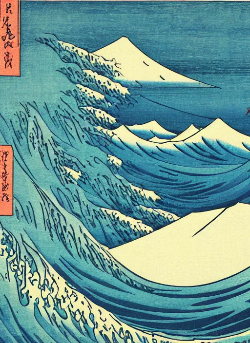 Image similar to a painting of waves in the ocean with mountains in the background, a woodcut by utagawa hiroshige ii, pixiv, ukiyoe, ukiyoe, vaporwave, woodcut