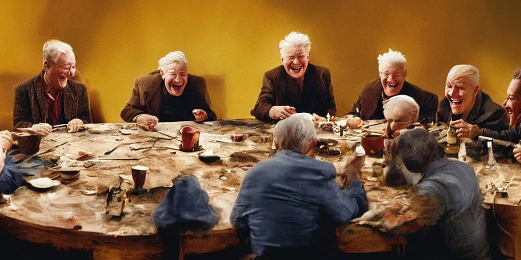 Prompt: film still of old men laughing!!!! sitting at a round table on fire!!!! and finger painting, directed by david lynch, vibrant colours