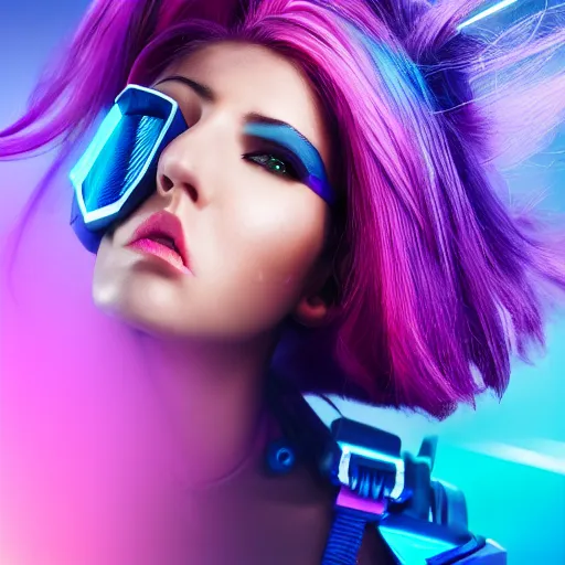 Prompt: a stunning high shutter speed action upper body portrait of a beautiful woman with a ombre purple pink hairstyle with head in motion and hair flying while wearing futuristic navy blue and teal battle bodyarmor and pauldrons by marvel comics, outrun, vaporware, action photography, highly detailed, fine detail, intricate, digital art, trending on artstation