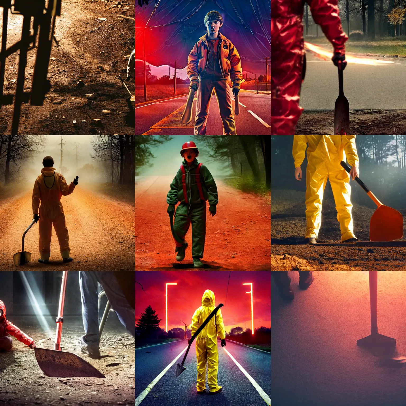 Prompt: still from stranger things, extreme long shot, a man in a bloody hazmat suit, big shovel, low angle, skewed shot, blood, award winning photo, high detail, atmospheric, 8k