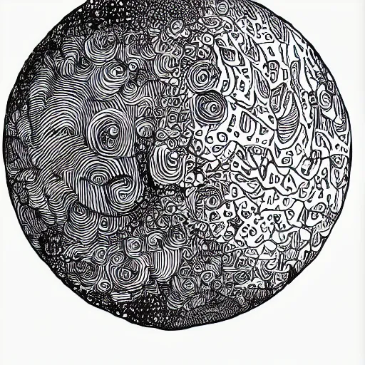 Image similar to black and white ink doodle illustration of a hippo sized planet, style by peter deligdisch, peterdraws
