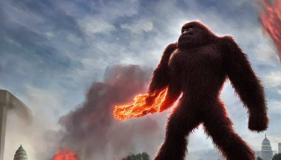 Image similar to giant bigfoot destroying washington dc, fire, hyperdetailed, artstation, cgsociety, 8 k