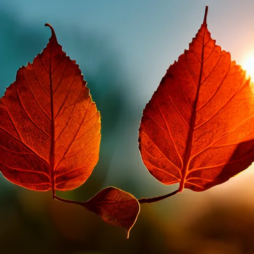 Prompt: tree leafs at sunset, backlighted, closeup, by ross tran