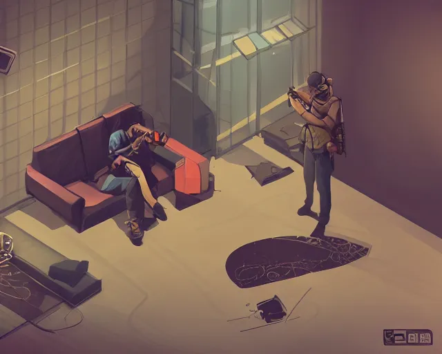 Prompt: two csgo characters siting and chilling in cozy smoking room, plan b, lots of details, digital paining, concept art, poster, isometric