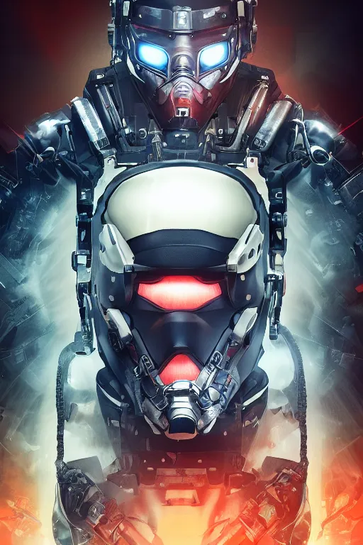 Image similar to cyber cyborg ninja mask helmet metal gear solid artic suit swat commando, global illumination ray tracing hdr fanart arstation by sung choi and eric pfeiffer and gabriel garza and casper konefal, a spectacular view cinematic rays of sunlight comic book illustration, by john kirby