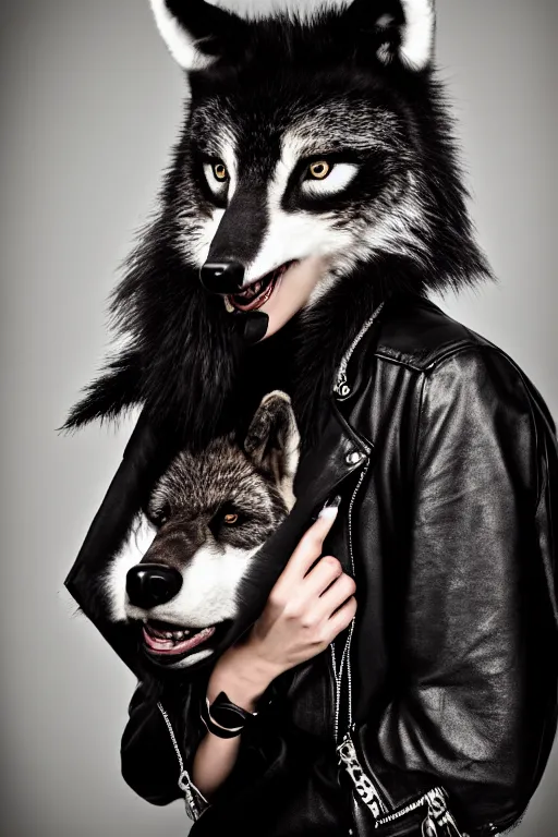 Image similar to professional photographic portrait of a punk girl in a leather jacket wearing a wolf's head over her face, fashion magazine shoot, cool punk with wolf on her head