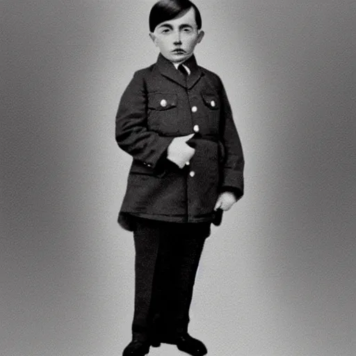 Image similar to adolf hitler as a little child in a school uniform carrying books, hitler mustache, white background, full color digital art, cartoon