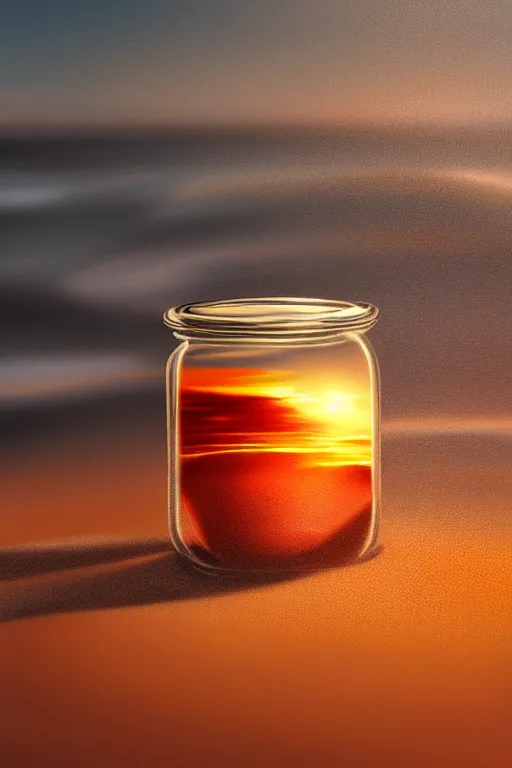 Prompt: a glass jar with a dark stormy ocean inside, buried in sand on a beach. quiet sunset in the background. soft golden red lighting. hyperrealistic, cgsociety, 8 k, beautiful digital painting