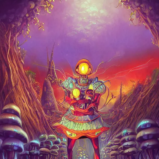 Image similar to anime 4 k headshot portrait of a psychedelic demonic anthropomorphic insect knight with mushroom themed clothes, magic mushroom village in background by jeff easley, award winning, stylized neon, post - processing, masterpiece, superb resolution. in the art style of junji ito and greg rutkowski. detailed mushroom city in background. hyper realistic anime. perfect art. dalle 2