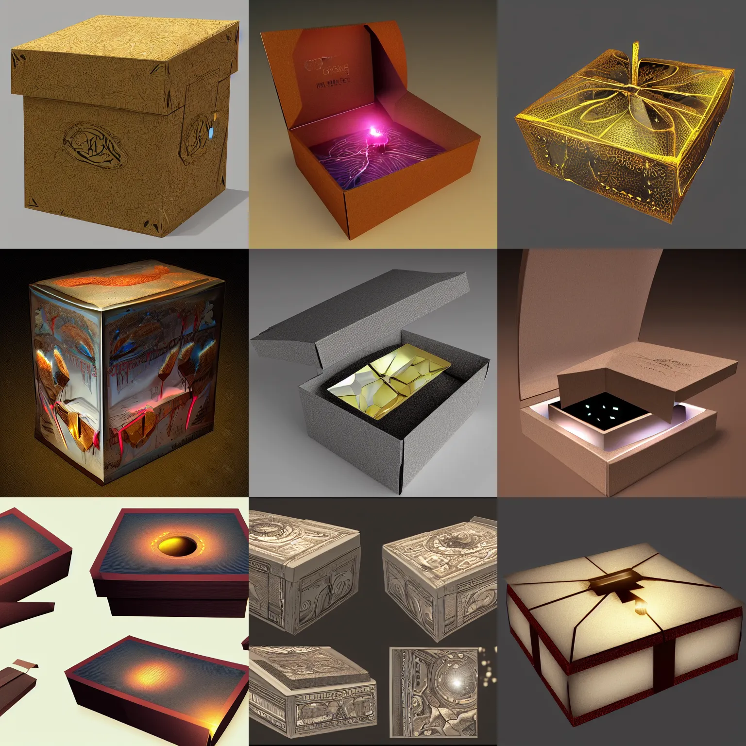 Prompt: open gift box with glow inside, lateral view, interior hidden, highly detailed digital art, concept art, photorealistic trending on artstation