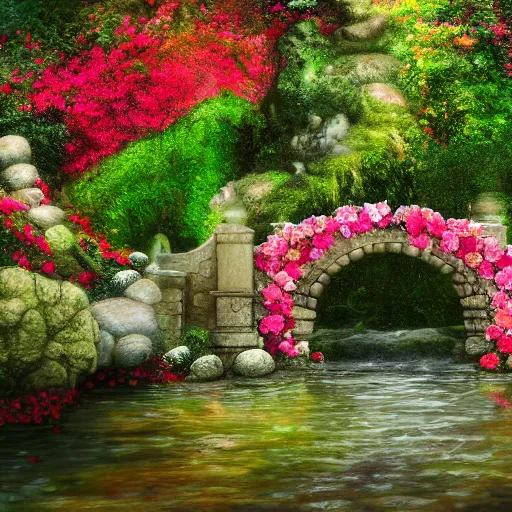 Prompt: an elaborate whimsical garden of hibiscus flowers growing over a stone bridge over a brook, hyperdetailed photograph, soft lighting, volumetric lighting, 4k