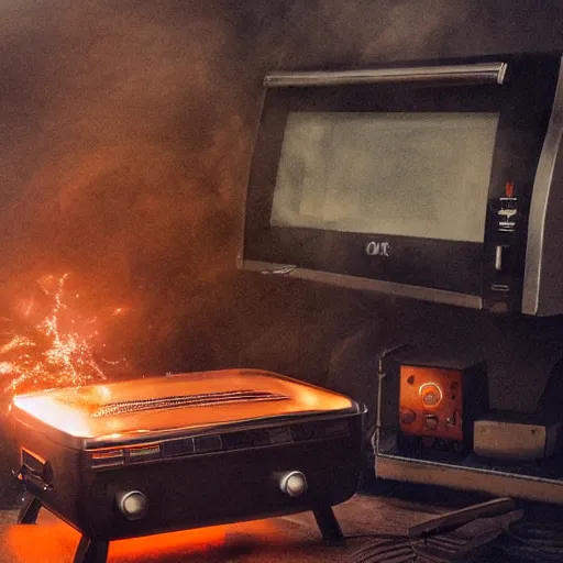 Image similar to cyborg with toaster oven chest, dark messy smoke - filled cluttered workshop, dark, dramatic lighting, orange tint, sparks, cinematic, highly detailed, sci - fi, futuristic, movie still