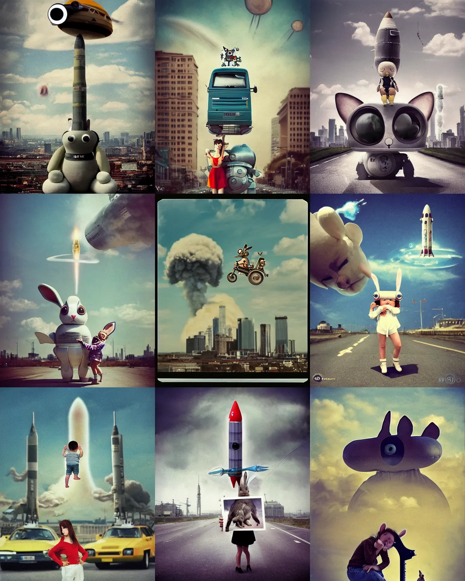 Prompt: epic pose!!! googly eyed giant oversized rocket battle rabbit robot chubby mech baby sport car double decker with giant oversized ears and rabbit babies , on nuclear explosion in city background , full body , Cinematic focus, Polaroid photo, vintage , neutral dull colors, soft lights, foggy , by oleg oprisco , by national archives, by discovery channel, by victor enrich , by gregory crewdson