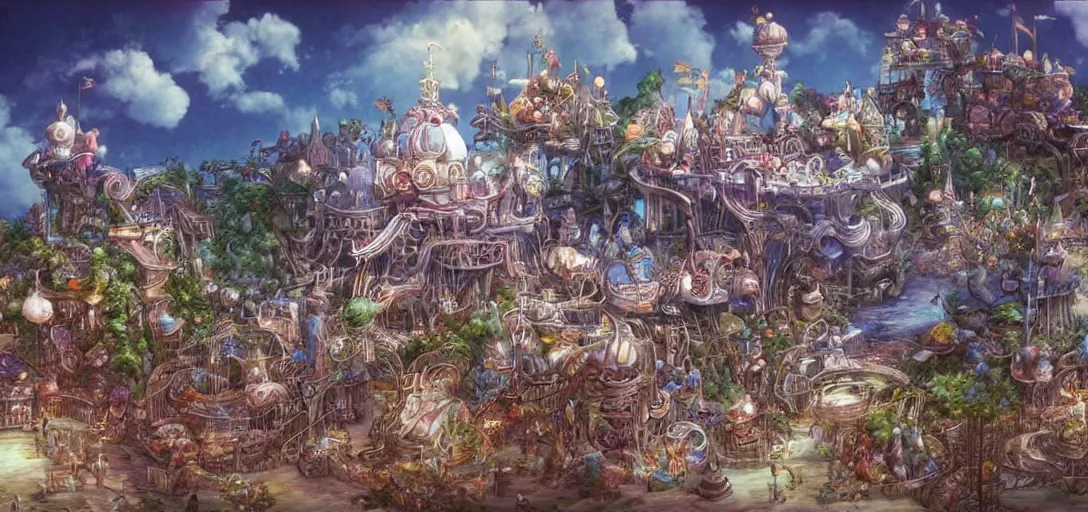 Image similar to dreamland, amusement park inspired by final fantasy 9, concept art, environment, in style of yoshitaka amano, highly detailed