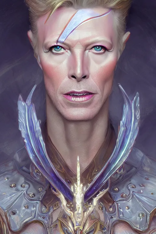 Image similar to ultra realistic illustration, fairy king david bowie from diablo and baldurs gate, intricate, elegant, highly detailed, digital painting, artstation, concept art, smooth, sharp focus, illustration, art by artgerm and greg rutkowski and alphonse mucha