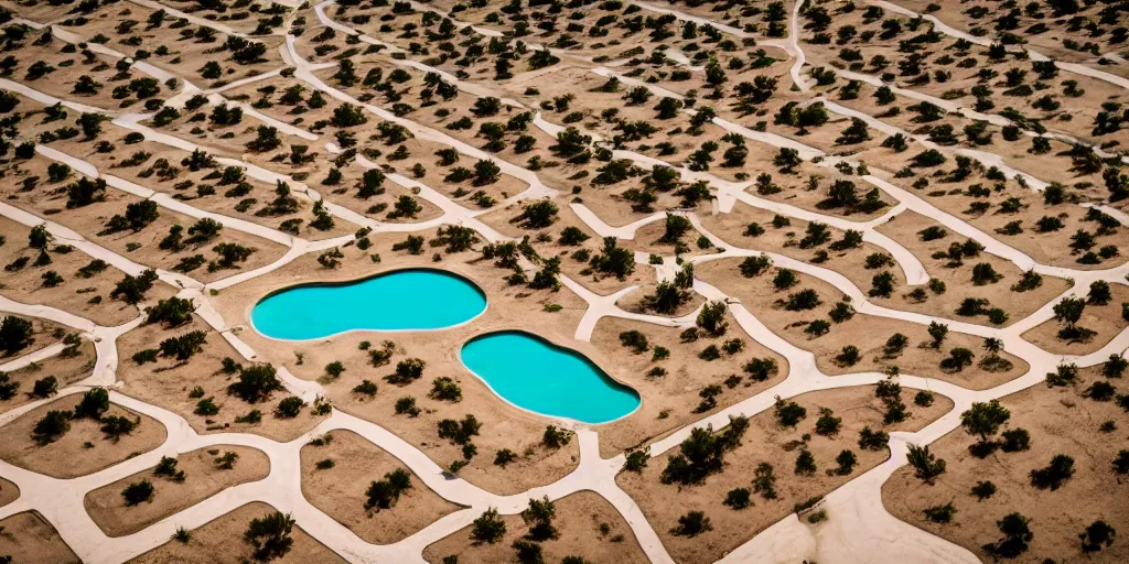 Image similar to Aerial Photo of nostalgic abandoned desert oasis, photo realistic, isometric, tilt shift, bokeh, award winning, trending, 8k, HD