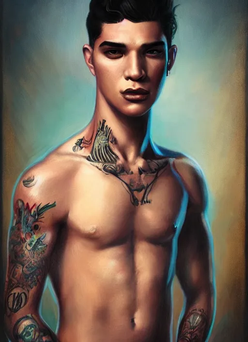 Image similar to portrait of a young latino tough guy, art by manuel sanulian and tom bagshaw