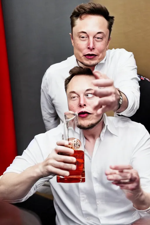 Image similar to detailed photo of elon musk drinking vodka with putin