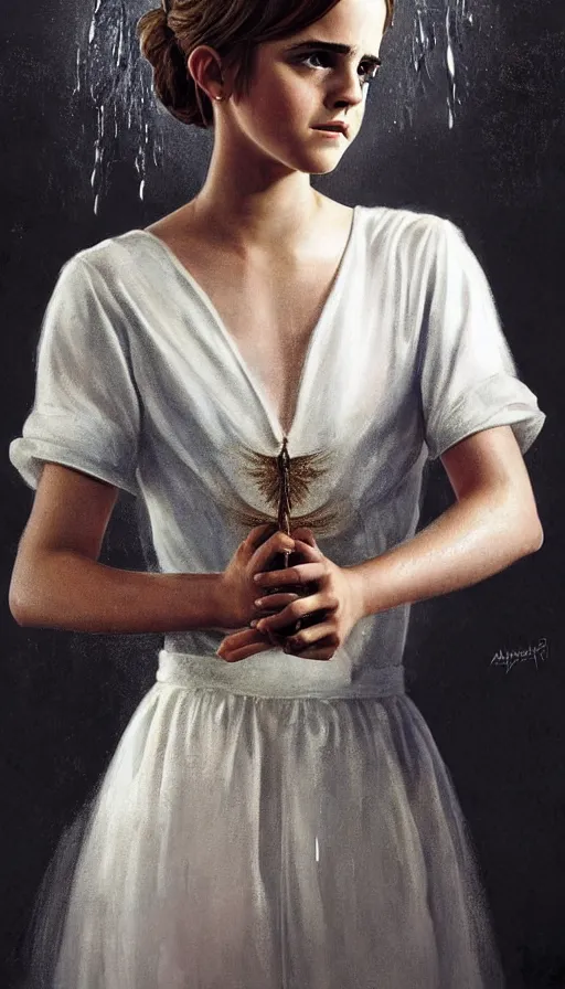 Prompt: Angel, perfectly-centered-painting of young Emma Watson in Mad Men looking at the camera, hands not visible, sweaty, wet, dynamic action pose, insane, intricate, highly detailed, digital painting, photography, artstation, concept art, smooth, sharp focus, illustration, Unreal Engine 5, 8K, art by artgerm and greg rutkowski and alphonse mucha