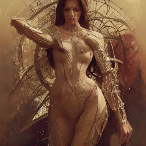 Image similar to Simone Hanna, physically accurate, dynamic lighting, intricate, elegant, highly detailed, digital painting, artstation, HR GIGER, Hieronymus Bosch, Francis Bacon, concept art, smooth, sharp focus, illustration, art by artgerm and greg rutkowski and alphonse mucha