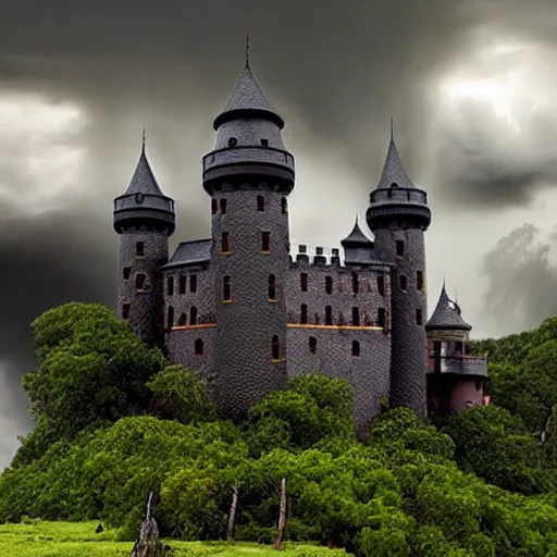 Prompt: dark stormy towering castle with lots of turrets on a cliff, thunder and lightning, atmospheric fantasy