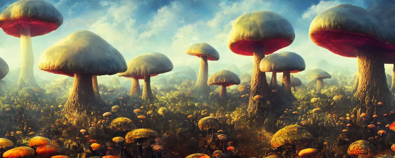 Image similar to ” aerial view of an otherwordly terrain with giant mushrooms, [ cinematic, detailed, epic, widescreen, opening, establishing, mattepainting, photorealistic, realistic textures, octane render, art by paul lehr ] ”