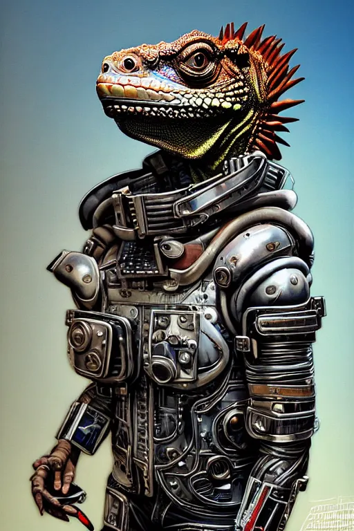 Image similar to a portrait of a muscular anthropomorphic cyberpunk iguana! in leather spacesuit armor with a large head by sandra chevrier, by jon foster, detailed render, pistol in holster, tape deck, epic composition, cybernetics, 4 k realistic, cryengine, realistic shaded lighting, sharp focus, masterpiece, by enki bilal