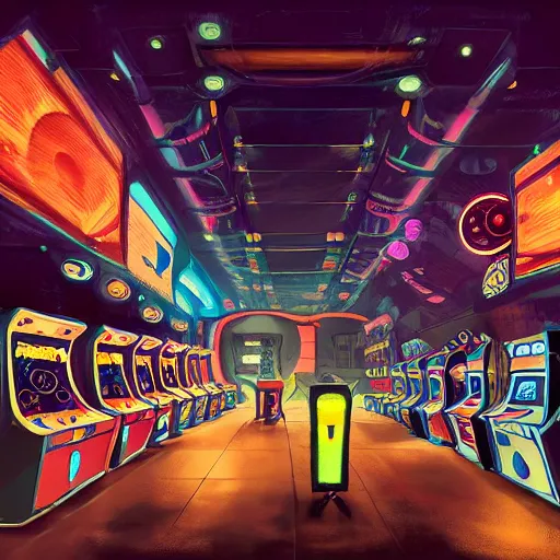 Prompt: cinematic view of a retro scifi arcade, futuristic, desaturated, psychedelic, oil on canvas, masterpiece, trending on artstation, featured on pixiv, cinematic composition, dramatic, beautiful lighting, sharp, details, hyper - detailed, hd, hdr, 4 k, 8 k - w 7 0 4 - c 1 6. 0 - n 9 - i