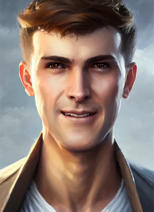 Image similar to a _ fantasy _ style _ portrait _ painting _ of white male short fringe light brown hair short head smiling clean shaven round face rpg dnd oil _ painting _ unreal _ 5 _ daz. _ rpg _ portrait _ extremely _ detailed _ artgerm _ greg _ rutkowski _ greg