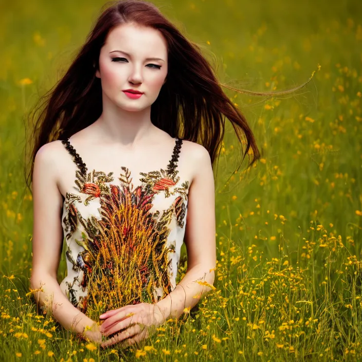 Prompt: portrait photo of a very beautiful!! woman on intricate dress in an endless heavenly meadow, 4 k, hdr, smooth, sharp focus, high resolution, award - winning photo