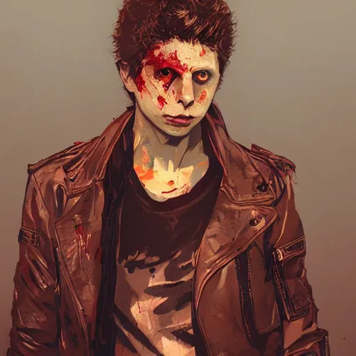 Image similar to portrait of Michael Cera with an angry expression, blood covering his face, wearing a leather jacket, dramatic lighting, illustration by Greg rutkowski, yoji shinkawa, 4k, digital art, concept art, trending on artstation