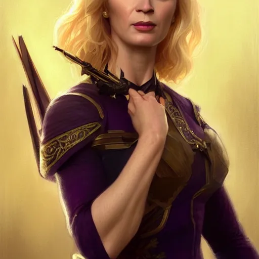 Image similar to Emily Blunt as Susan Storm, western, D&D, fantasy, intricate, elegant, highly detailed, digital painting, artstation, concept art, matte, sharp focus, illustration, art by Artgerm and Greg Rutkowski and Alphonse Mucha