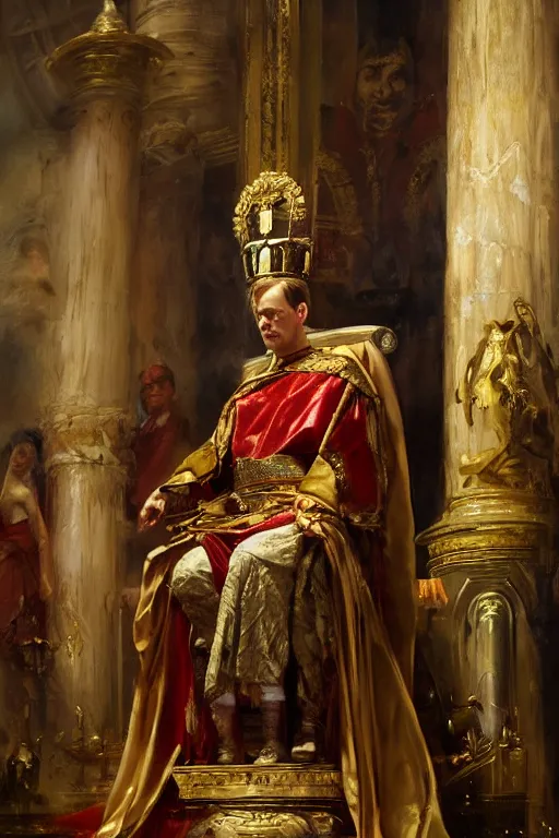 Prompt: beautiful portrait oil painting, steve buscemi wearing a golden wreath crown in royal crimson robes enthroned as the god emperor of ancient rome, mid - shot, by anders zorn, wonderful masterpiece by greg rutkowski, beautiful cinematic light, american romanticism, by thomas lawrence, greg rutkowski