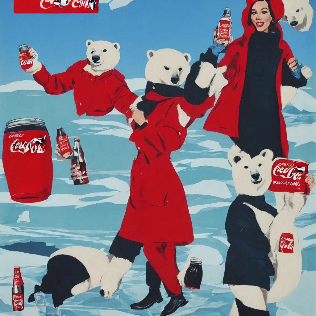 Image similar to woman wearing a parka drinking a bottle of coke in front of an icy polar landscape, polar bear in the far background, coka-cola advertisement, pinup style, retro ad, print advertising, 1960's, trending on artstation