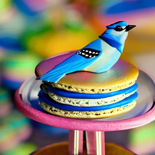 Prompt: a photo blue jay bird standing on a basket of rainbow macaron desserts.