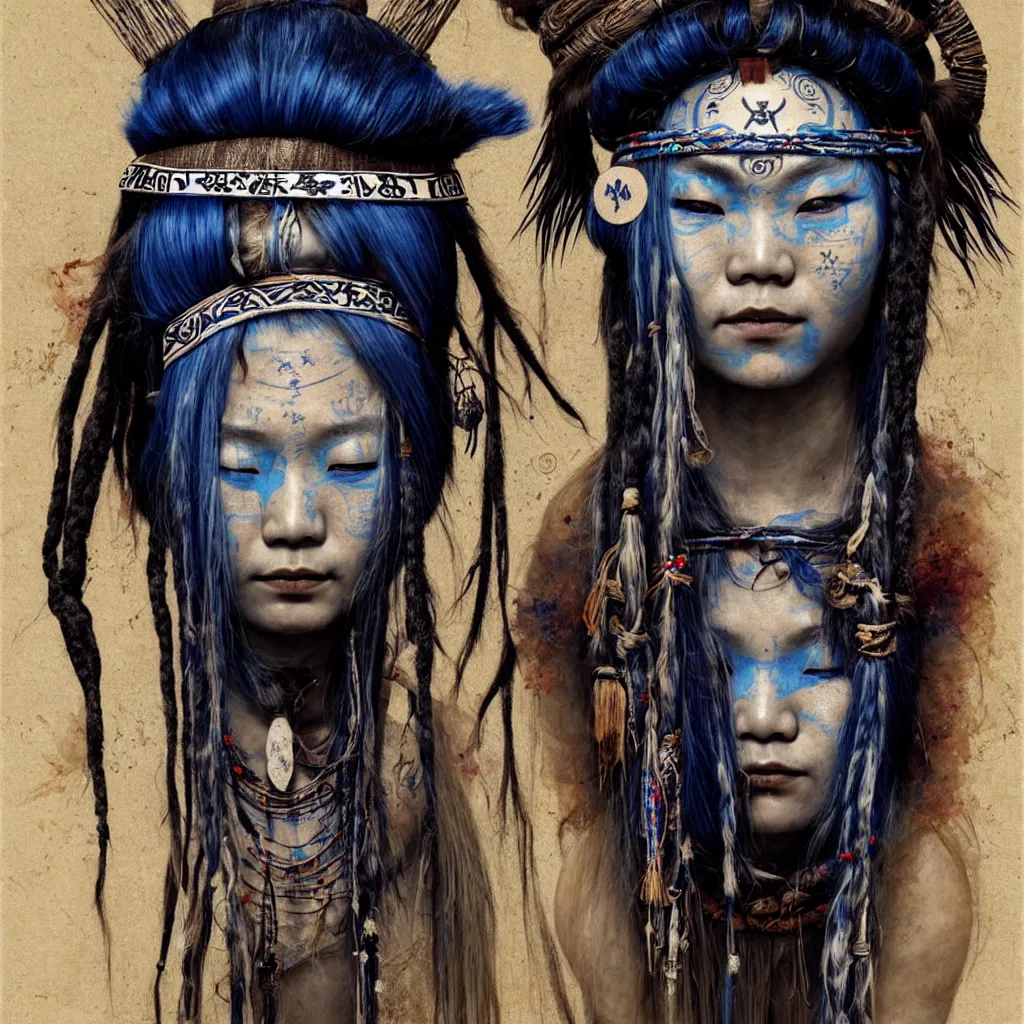 Image similar to A young blindfolded shaman japanese woman with a decorated headband performing a pagan ritual, in the style of heilung, blue hair dreadlocks and wood on her head, tribal piercing and tatoos , atmospheric lighting, intricate detail, cgsociety, ambient light, dynamic lighting, art by karol bak