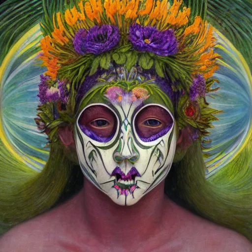 Image similar to masterpiece painting of a facemask made of flowers, by annie swynnerton and jean delville and tino rodriguez and diego rivera, flower mask, flower shaman, spooky dark psychedelic, symbolist, dramatic lighting, god rays, elaborate geometric ornament, clean crisp graphics, soft cool colors, smooth sharp focus, extremely detailed