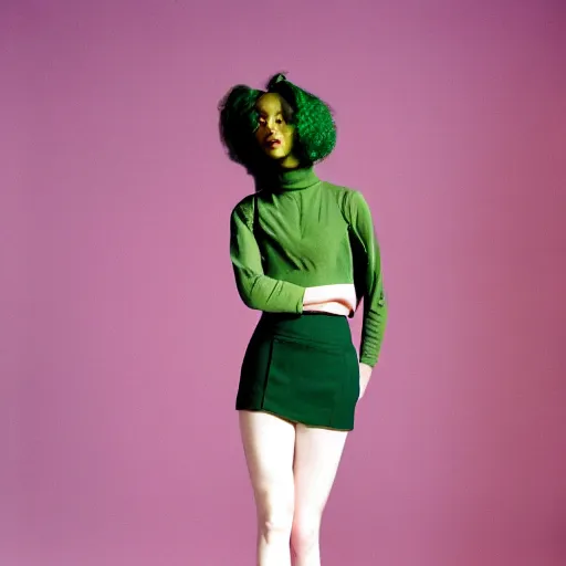 Image similar to realistic photoshoot for a new dior lookbook, color film photography, portrait of a beautiful green haired woman, in style of tyler mitchell, 35mm