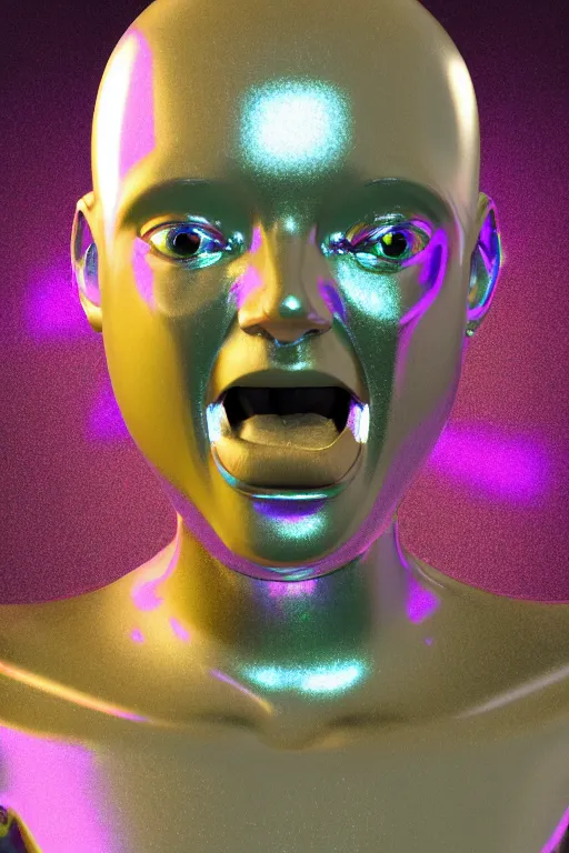 Image similar to 3d render of holographic angry human robotic screaming angry bust made of glossy iridescent, screaming, bust, surrealistic 3d illustration of a human non-binary, non binary model, 3d model human, cryengine, made of holographic texture, holographic material, holographic rainbow, concept of cyborg and artificial intelligence