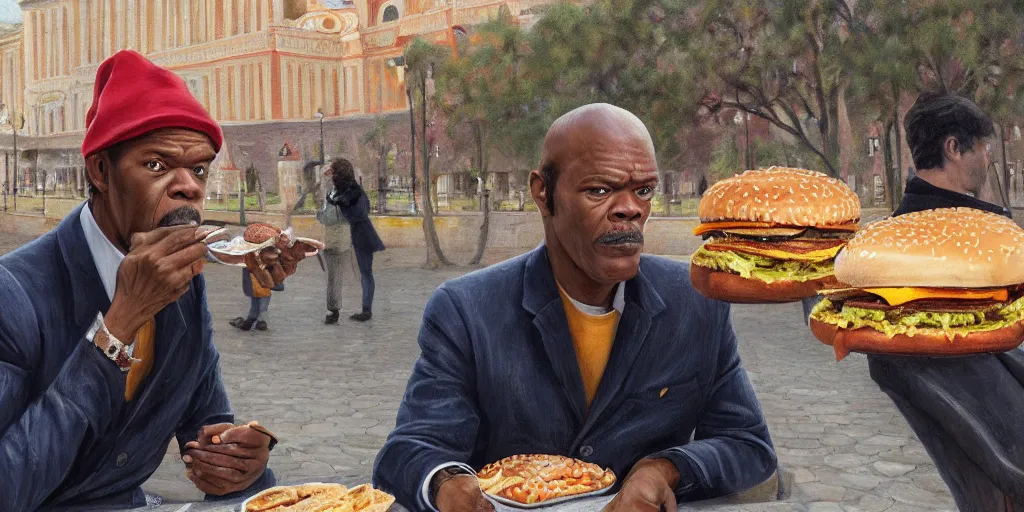 Prompt: highly detailed portrait painting of young samuel l jackson eating burger sitting on bench near moscow kremlin, balalaika, perfect symmetrical eyes, by eddie mendoza and tyler edlin, 8 k resolution