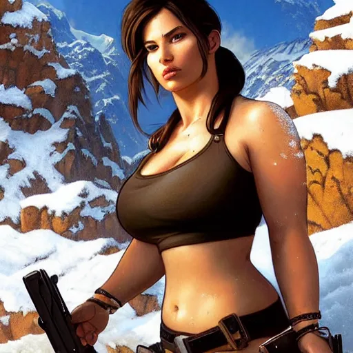 Prompt: perfectly-centered-full-shot photo of thicc lara croft, snowy mountains, big bust, intricate, elegant, super highly detailed, professional digital painting, artstation, concept art, smooth, sharp focus, no blur, no dof, extreme illustration, Unreal Engine 5, 8K, art by artgerm and greg rutkowski and alphonse mucha and loish and WLOP